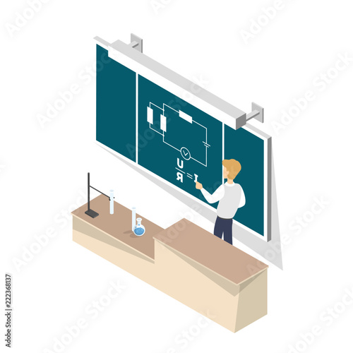 School teacher standing at the chalkboard and giving the lecture