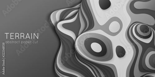 Abstract paper cut terrain. Paper sclices with soft shadow form 3d hills. Minimalistic design. Vector illustration. Paper craft landscape.