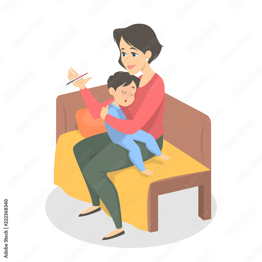 Mother taking the temperature of sick son Mother taking the temperature of sick son
