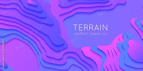 Abstract violet paper cut terrain. Paper sclices with soft shadow form 3d hills. Minimalistic design. Vector illustration. Paper craft landscape.