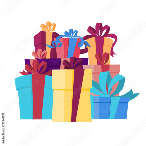 Big pile of gift boxes with ribbon