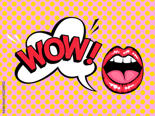 Open mouth with speech bubble saying wow