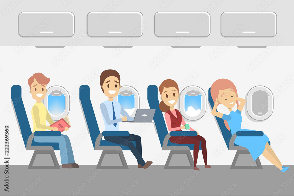Passengers in plane. Aircraft interior with people Passengers in plane. Aircraft interior with people