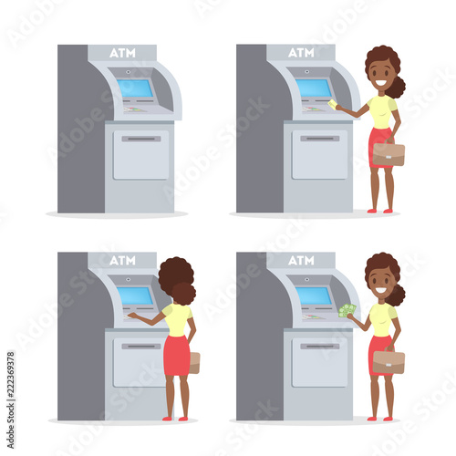 Woman using ATM machine and gets money