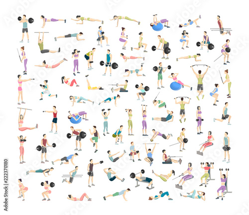 Big set of people doing exercises in the gym