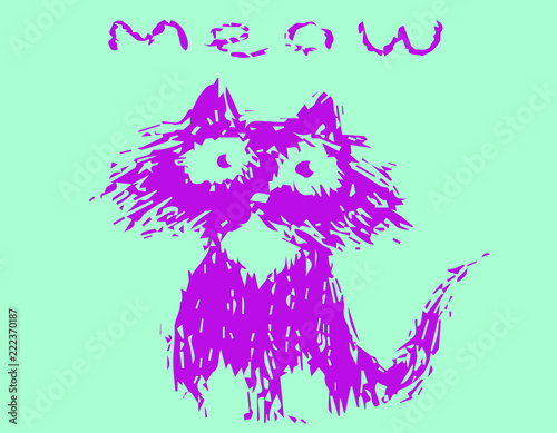 Cute fur cat says meow. Vector illustration.