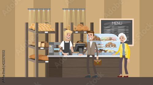 Bakery counter with showcase full of baked goods