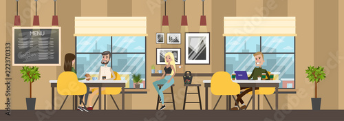 Bakery cafe interior with clients eating baked products