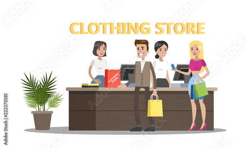 Happy people standing at the counter in store