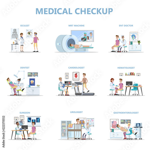 Full medical checkup set with patient and doctors