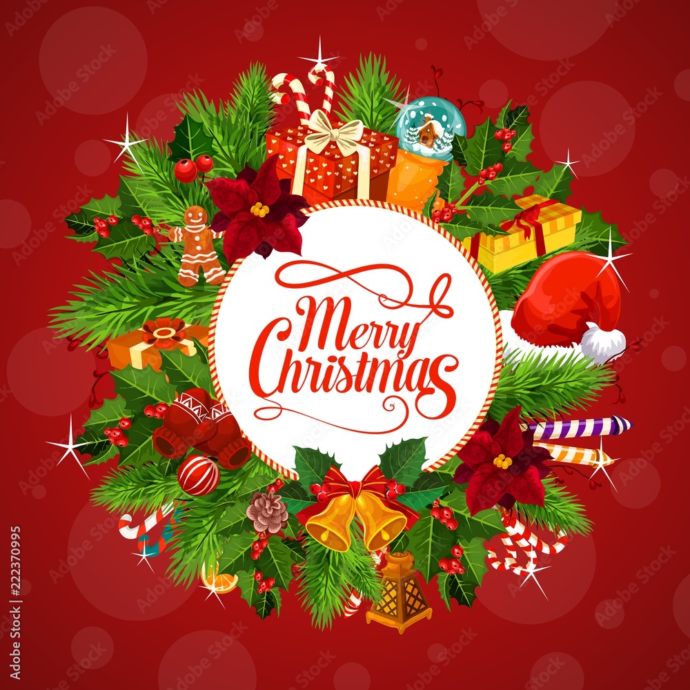 Christmas gifts on wreath vector greetings