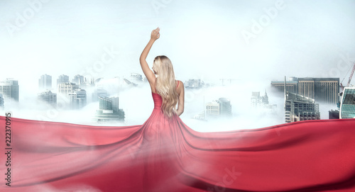 Photos Blonde lady in red elegant maxi dress.