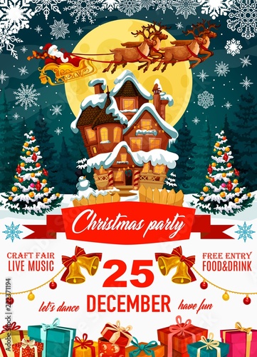 Christmas party poster with Santa Claus and house