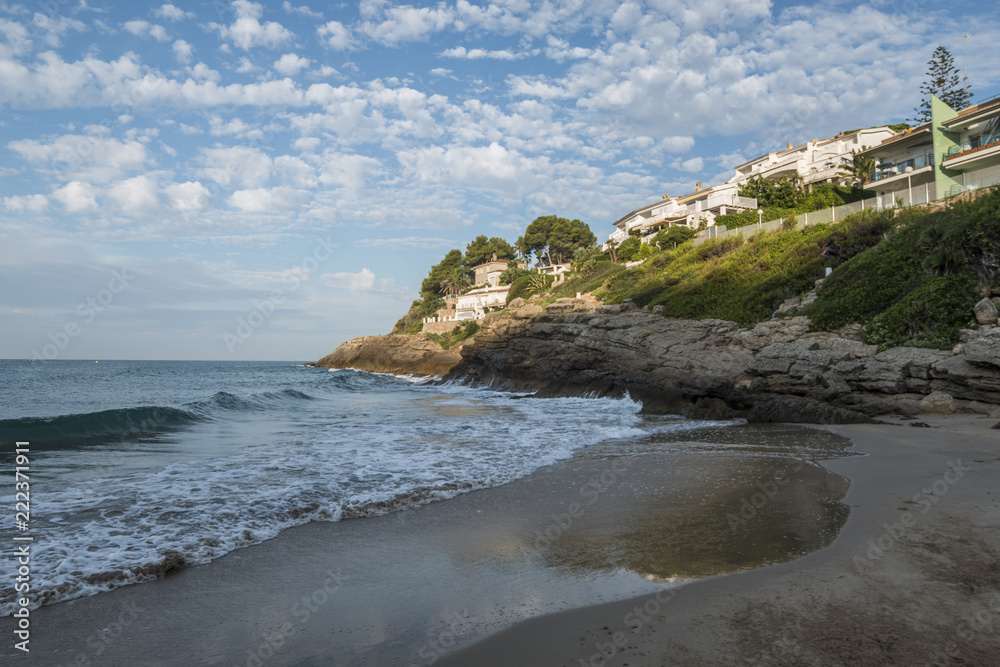 Salou, Spain. Beautiful panoramic view with beach and hotels in front of the sea . Sunny day in Spain.