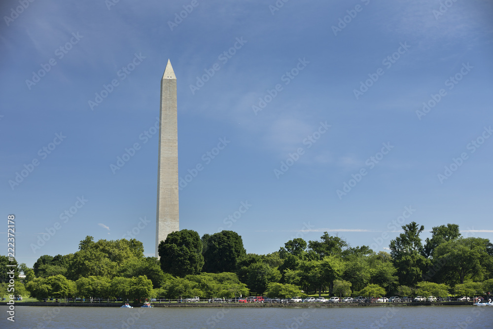Washington DC Monument and the US Capitol Building across the Tidal Basin from the Jefferson Memorial on The National Mall USA