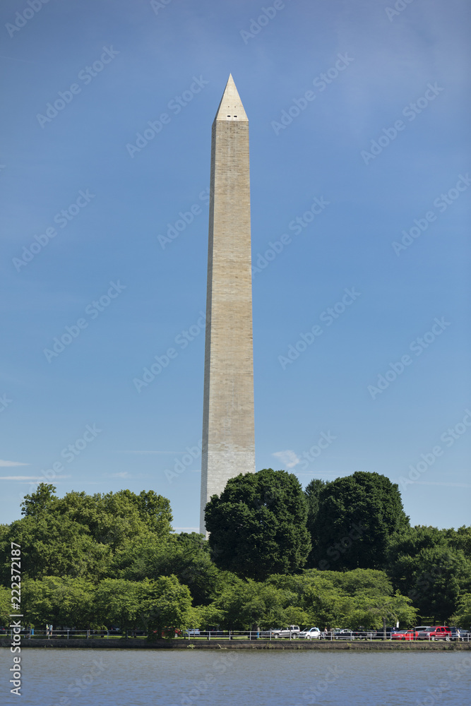 Washington DC Monument and the US Capitol Building across the Tidal Basin from the Jefferson Memorial on The National Mall USA