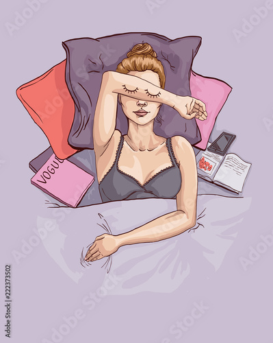 Beautiful girl is lying on the bed, covering her face with her hand. Sign of closed eyes is drawn on the hand. Girl shows a sign that she is still sleeping.