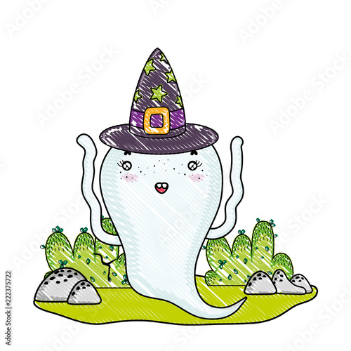 grated funny ghost character with witch hat