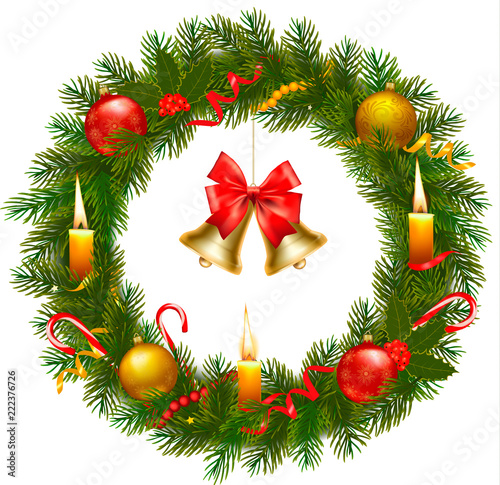 Christmas Wreath with colorful ribbons, balls and bow. Vector illustration