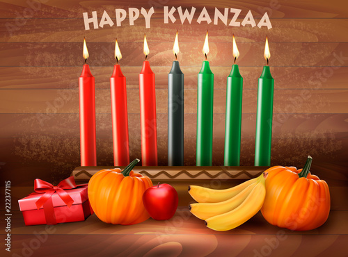 Happy Holiday Kwanzaa background with seven candles, gift box, pumpkins and fruit. Vector illustration