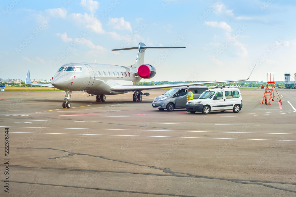 Airplane and cars at runway Airplane and cars at runway