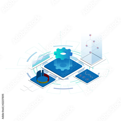 Digital Technologies. Data Analysis. Isometric digital concept of business data and analytics. Startup concept. Launch a new product on a market. Isometric vector illustration