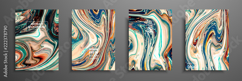 Flyer layout template with mixture of acrylic paints. Liquid marble texture. Fluid art. Applicable for design cover, flyer, poster, placard. Mixed green, brown and yellow paints