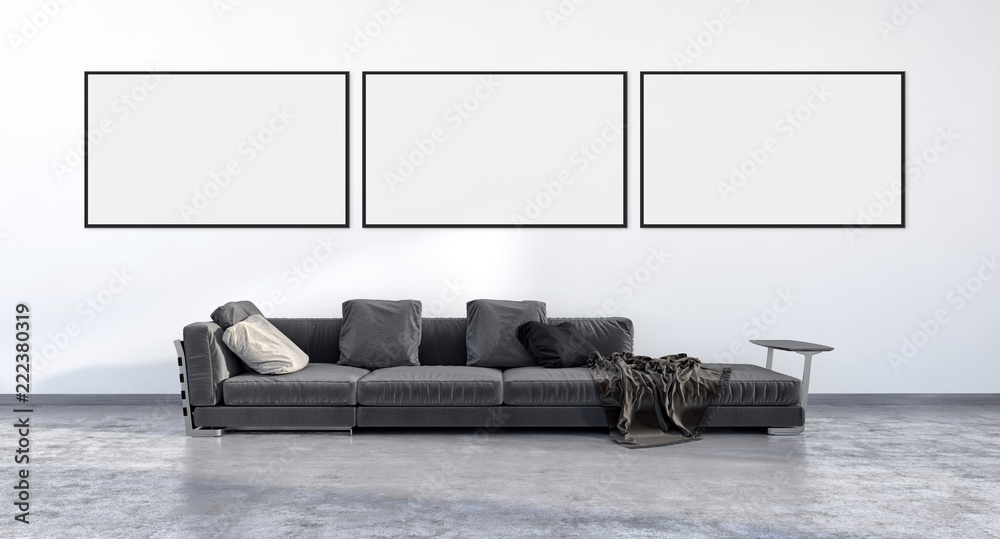 Modern bright interiors apartment with mock up poster frame illustration 3D rendering computer generated image - obrazy, fototapety, plakaty 