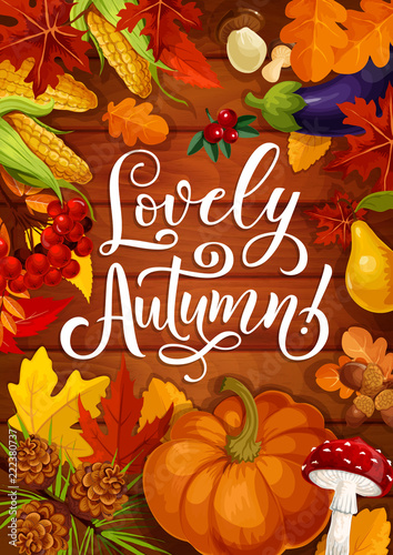 Lovely autumn poster with fall pumpkin and leaf