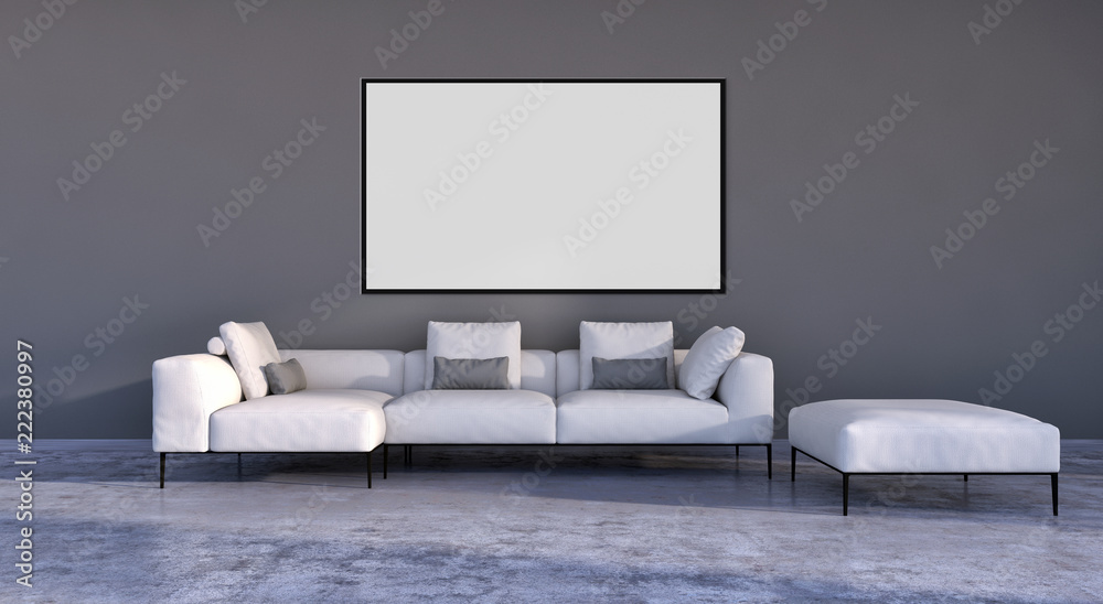 Modern bright interiors apartment with mock up poster frame illustration 3D rendering computer generated image Modern bright interiors apartment with mock up poster frame illustration 3D rendering computer generated image