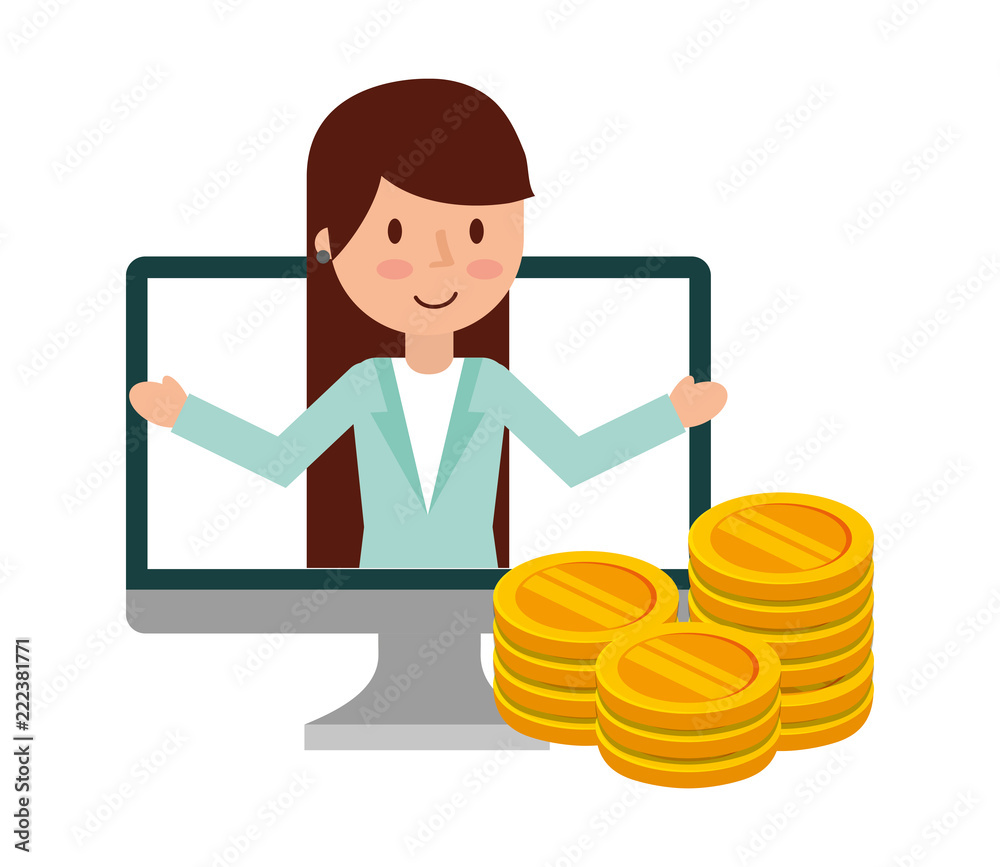 businesswoman in computer monitor and coins