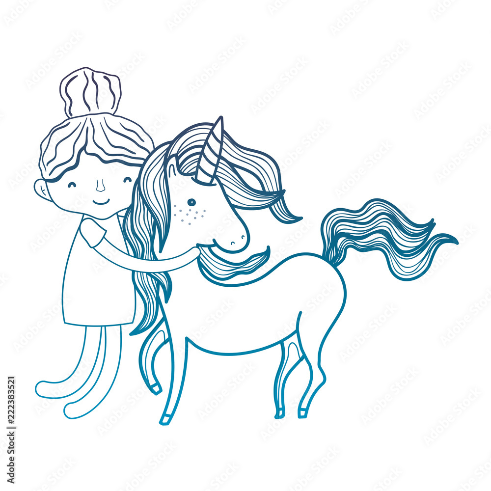 Plakat degraded outline boy hugging beauty unicorn hairstyle
