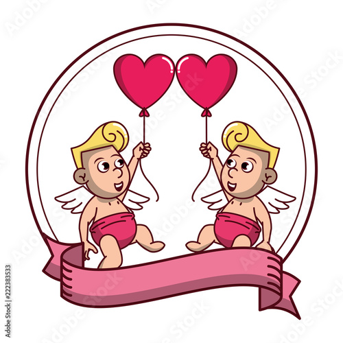 Cupids with balloons on round emblem © Jemastock