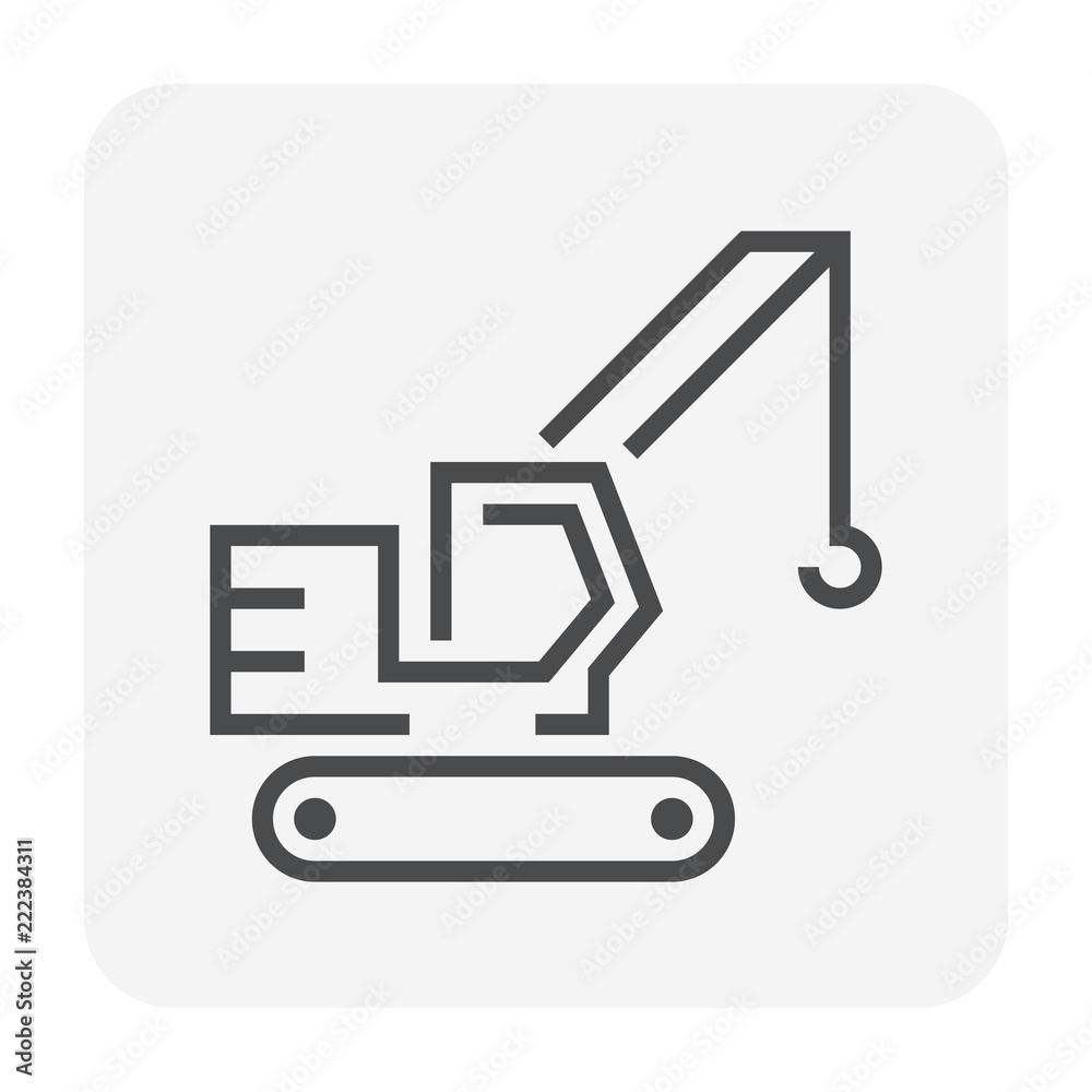 Crawler crane or derrick crane vector icon design. Machinery equipment or vehicle consist of lattice boom, track wheel and hook for work in building construction site to lift, transport heavy load. Crawler crane or derrick crane vector icon design. Machinery equipment or vehicle consist of lattice boom, track wheel and hook for work in building construction site to lift, transport heavy load.