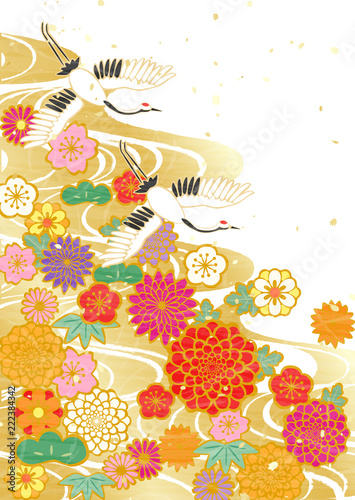 鶴　和紙　金　白