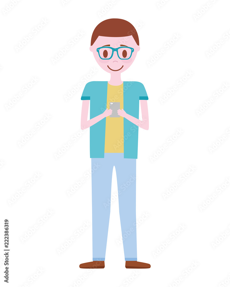 young man with smartphone avatar character young man with smartphone avatar character