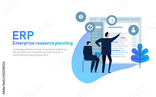 IT manager on ERP Enterprise Resource Planning screen with business intelligence, production, HR and CRM modules