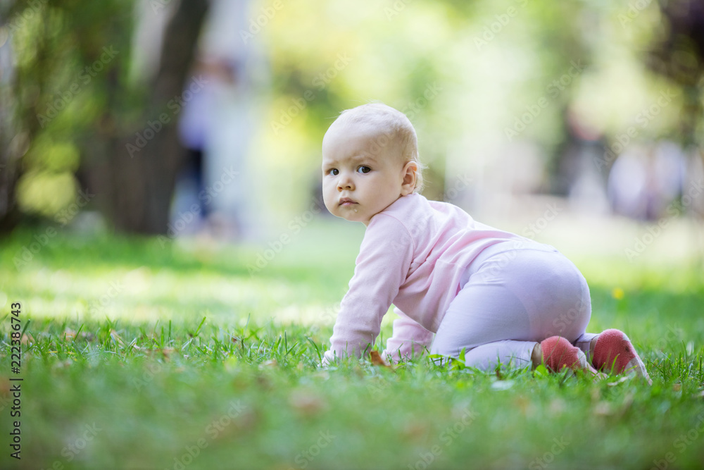 Cute baby girl crawling on lawn in park Cute baby girl crawling on lawn in park