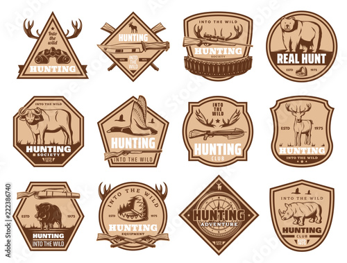 Wild animals vector icons and hunting equipment
