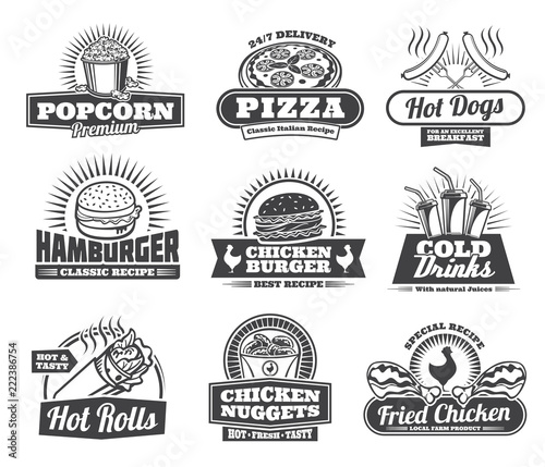 Fast food meals, pizza and snacks retro icons