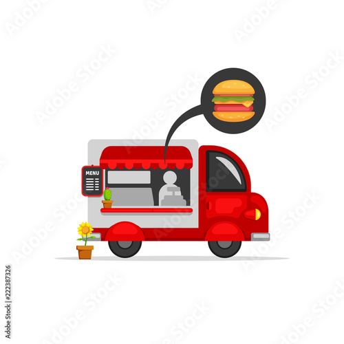 Food truck stand street food van car vector illustration cartoon style