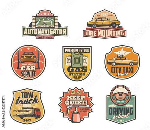 Gas station, mechanic garage and car service icons