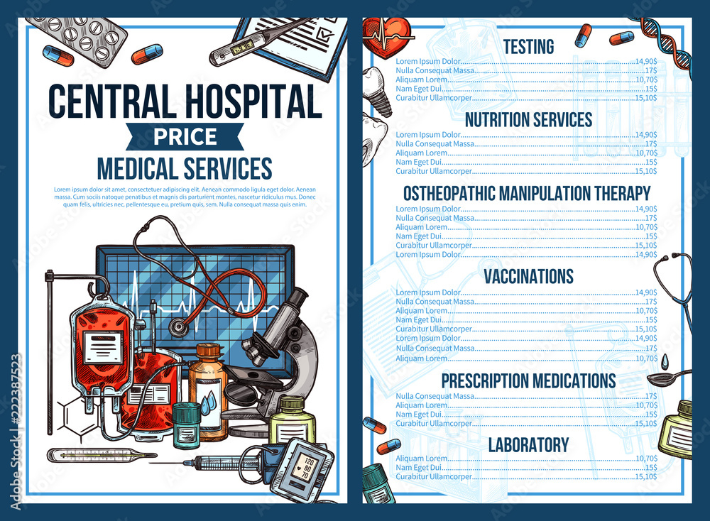 Central medical hospital vector sketch price list Stock Vector Adobe