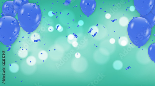 Blue balloons on a green Abstract Background with Shining Colorful Balloons. Birthday, Party, Presentation, Sale,