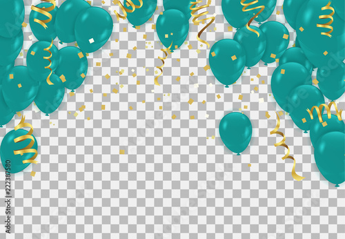 Green balloons, vector illustration. Confetti and ribbons, Celebration background template