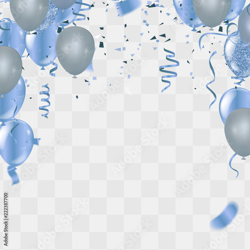 Blue balloons, confetti concept design Independence Day greeting background.of celebration, party balloons