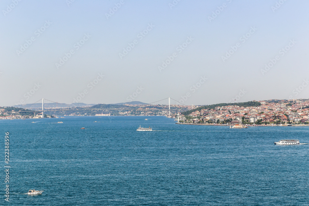 Cityscape of Istanbul with bridge on Bosphorus connecting the european waterside of Istanbul with the asian waterside