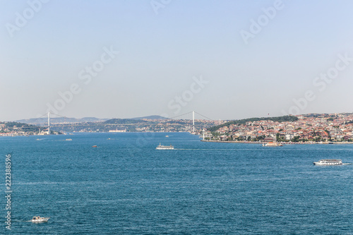 Cityscape of Istanbul with bridge on Bosphorus connecting the european waterside of Istanbul with the asian waterside