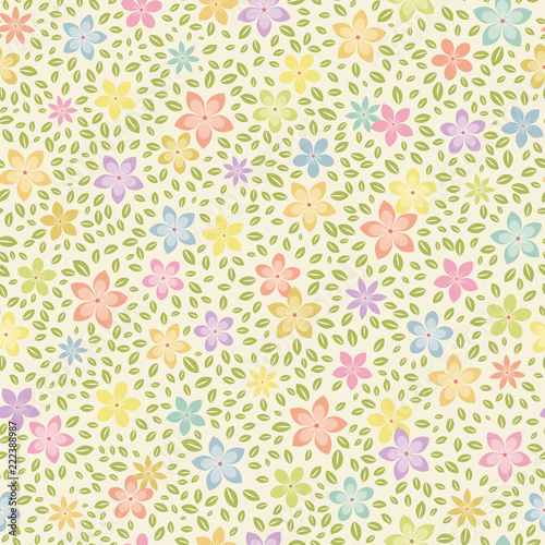 Seamless vector floral pattern with abstract small flowers and leaves in pastel colors. Ditsy print.