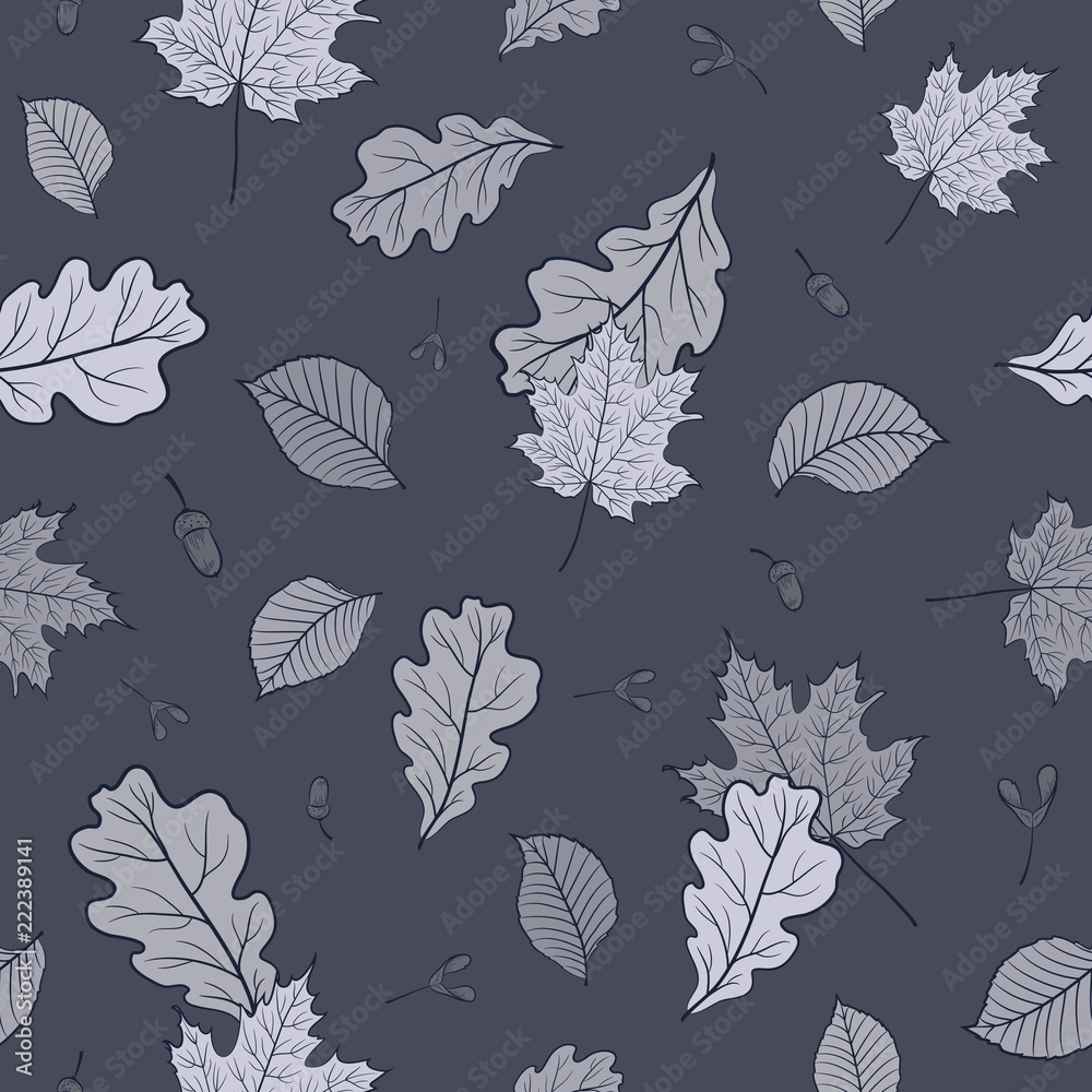 Seamless floral pattern with forest leaves scattered random in monochrome colors